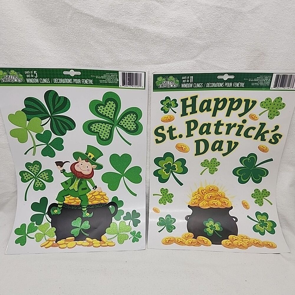 Window Cling Happy ST Patrick's Day Shamrocks Pot Of Gold Glitter 16 Total
